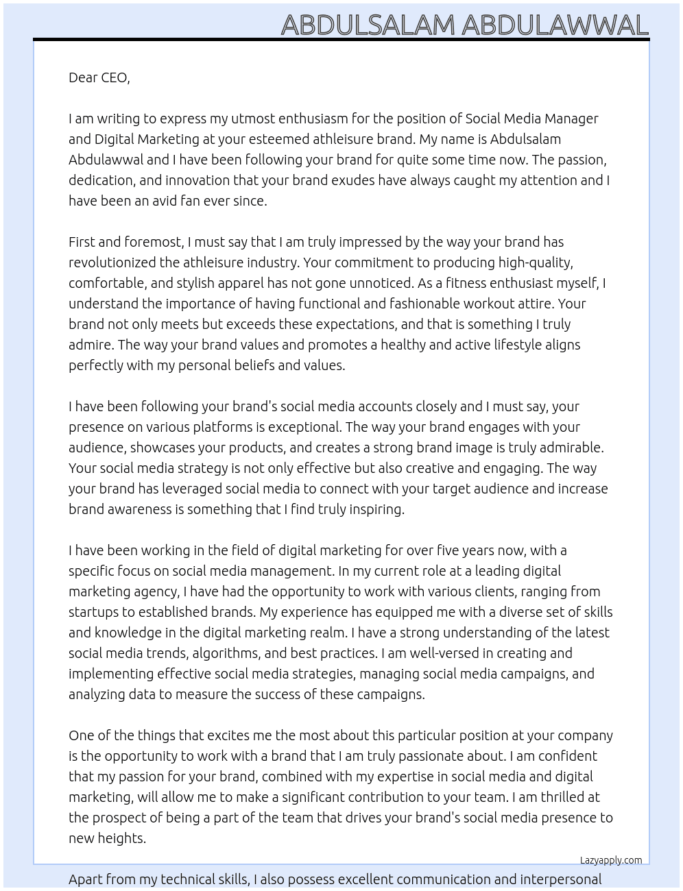 Social media manager and digital marketing  At athleisure brand Cover Letter