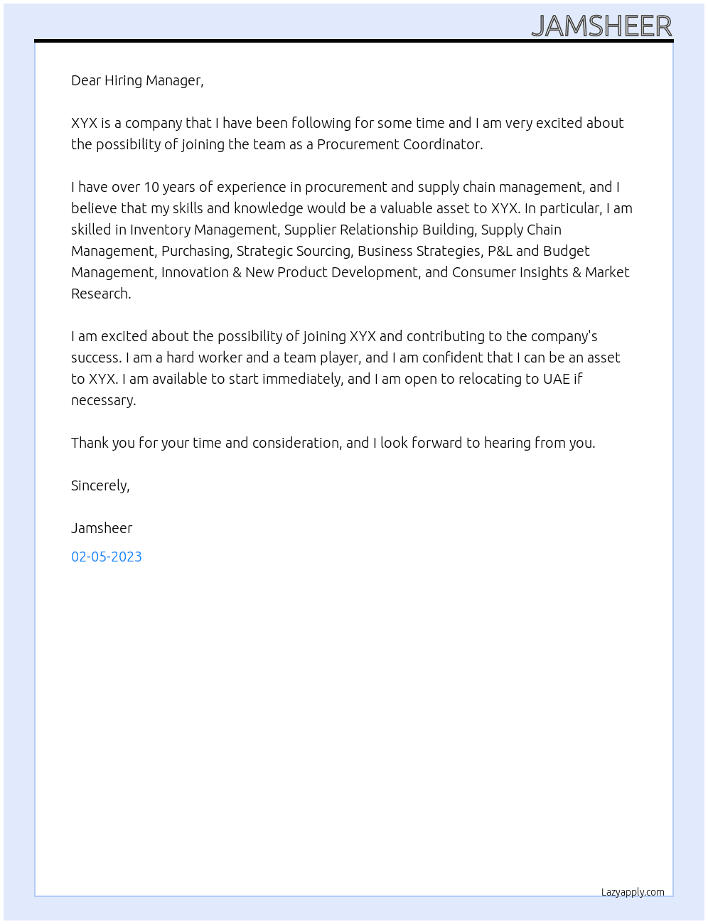 Procurement Coordinator  At XYX Cover Letter