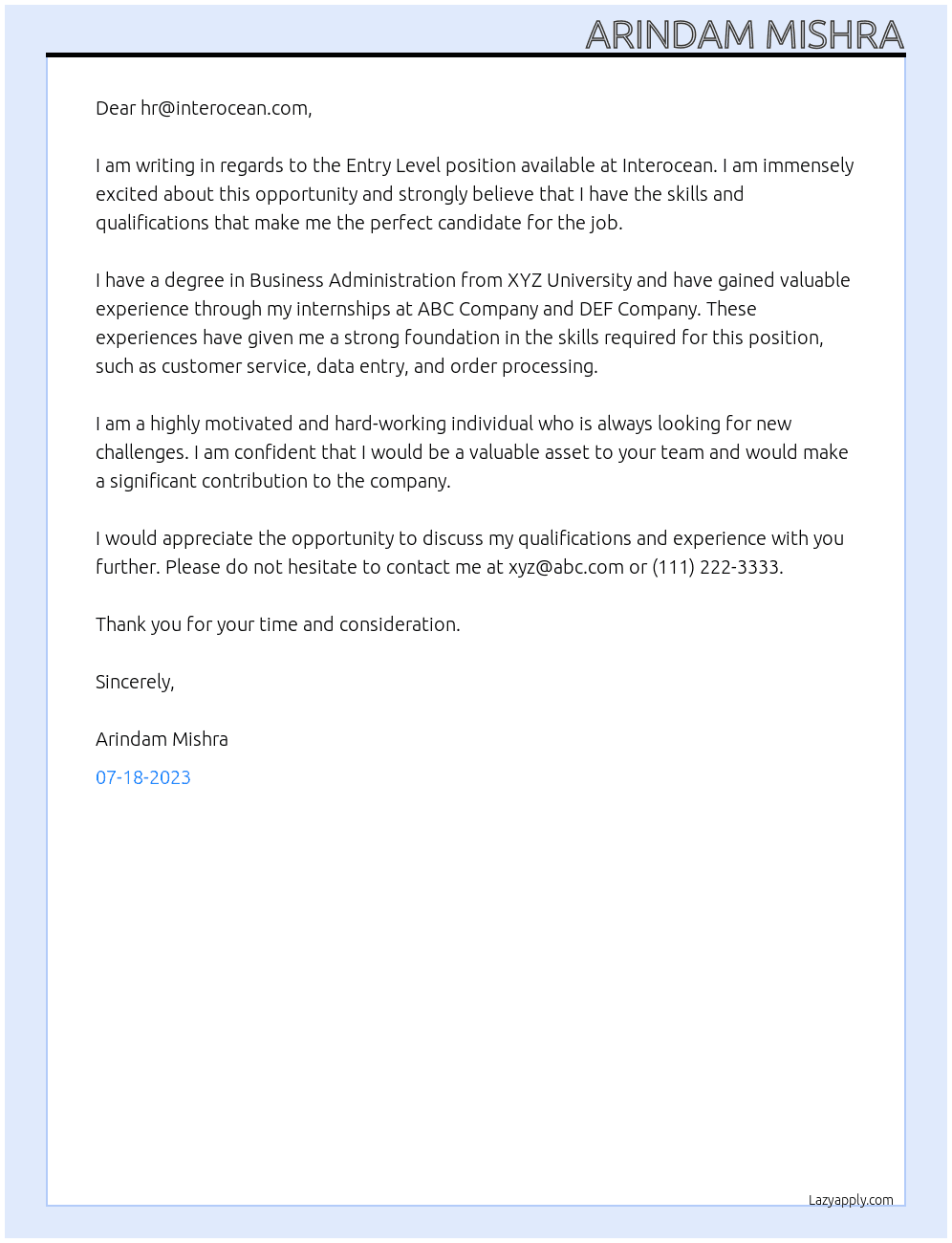 Entry Level At Interocean Cover Letter