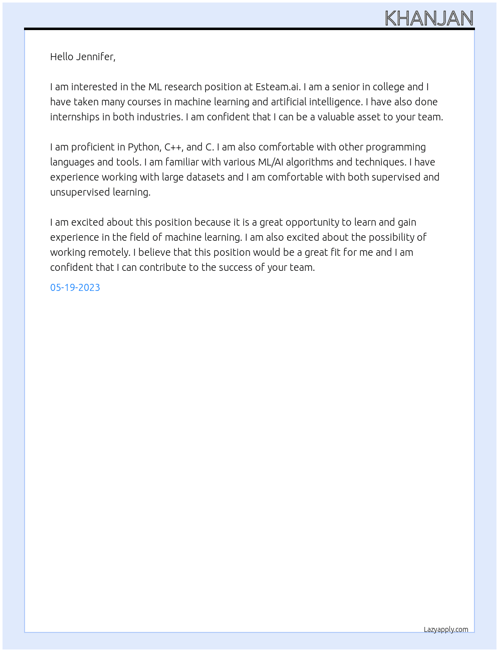 ML research  At Esteam.ai Cover Letter