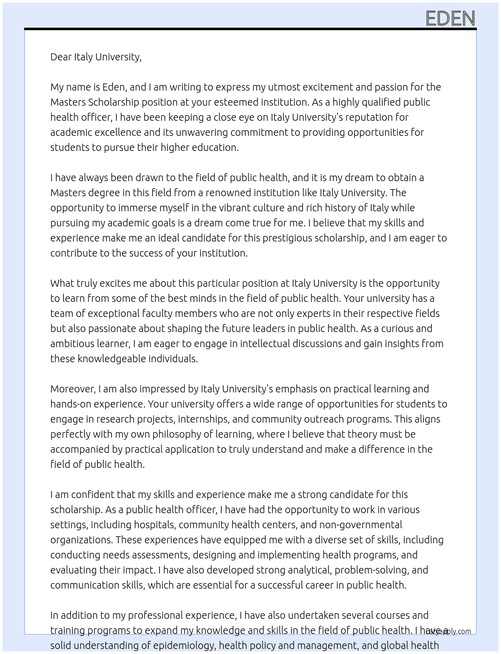 Masters Scholarship  At Italy university  Cover Letter