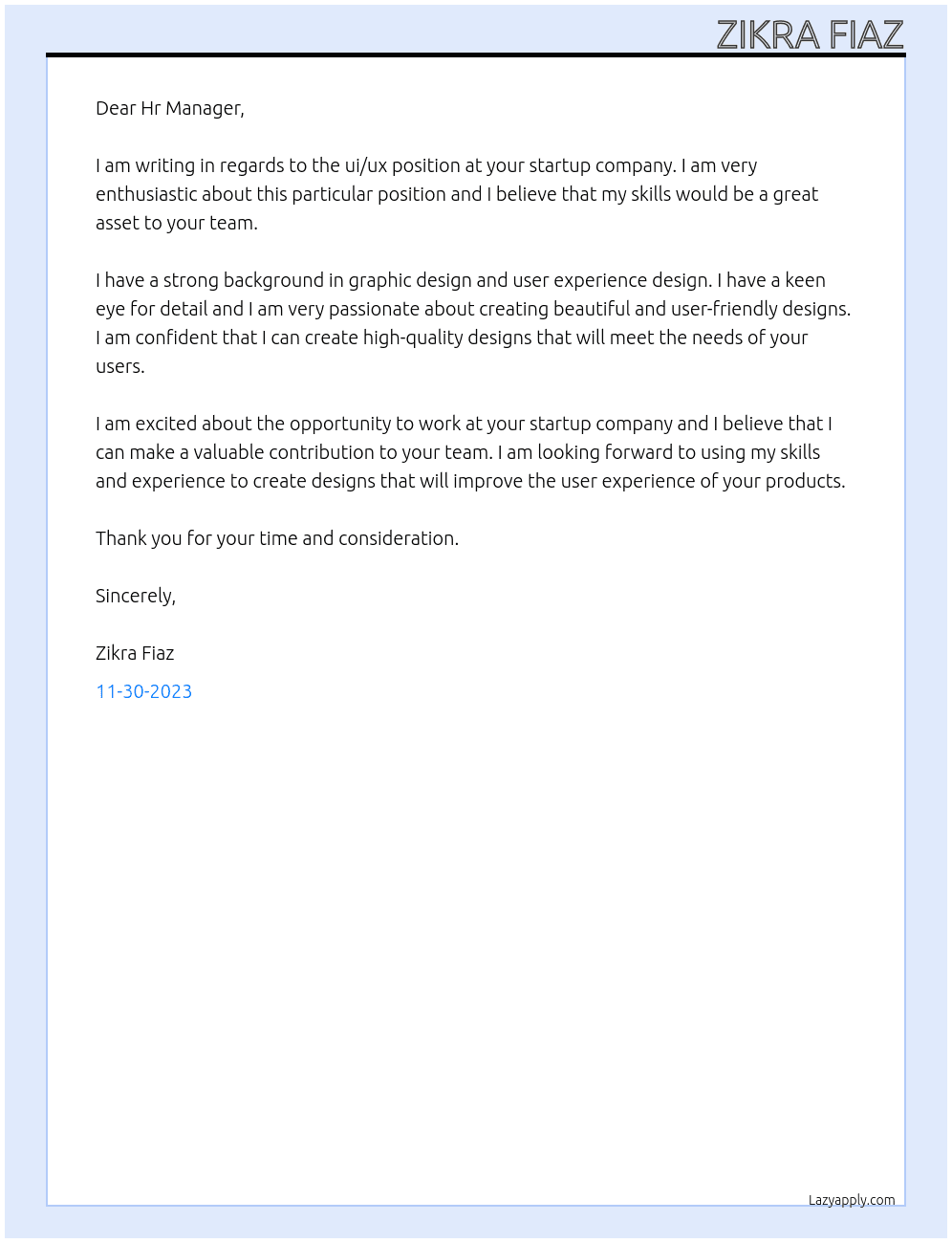 ui/ux At startup Cover Letter