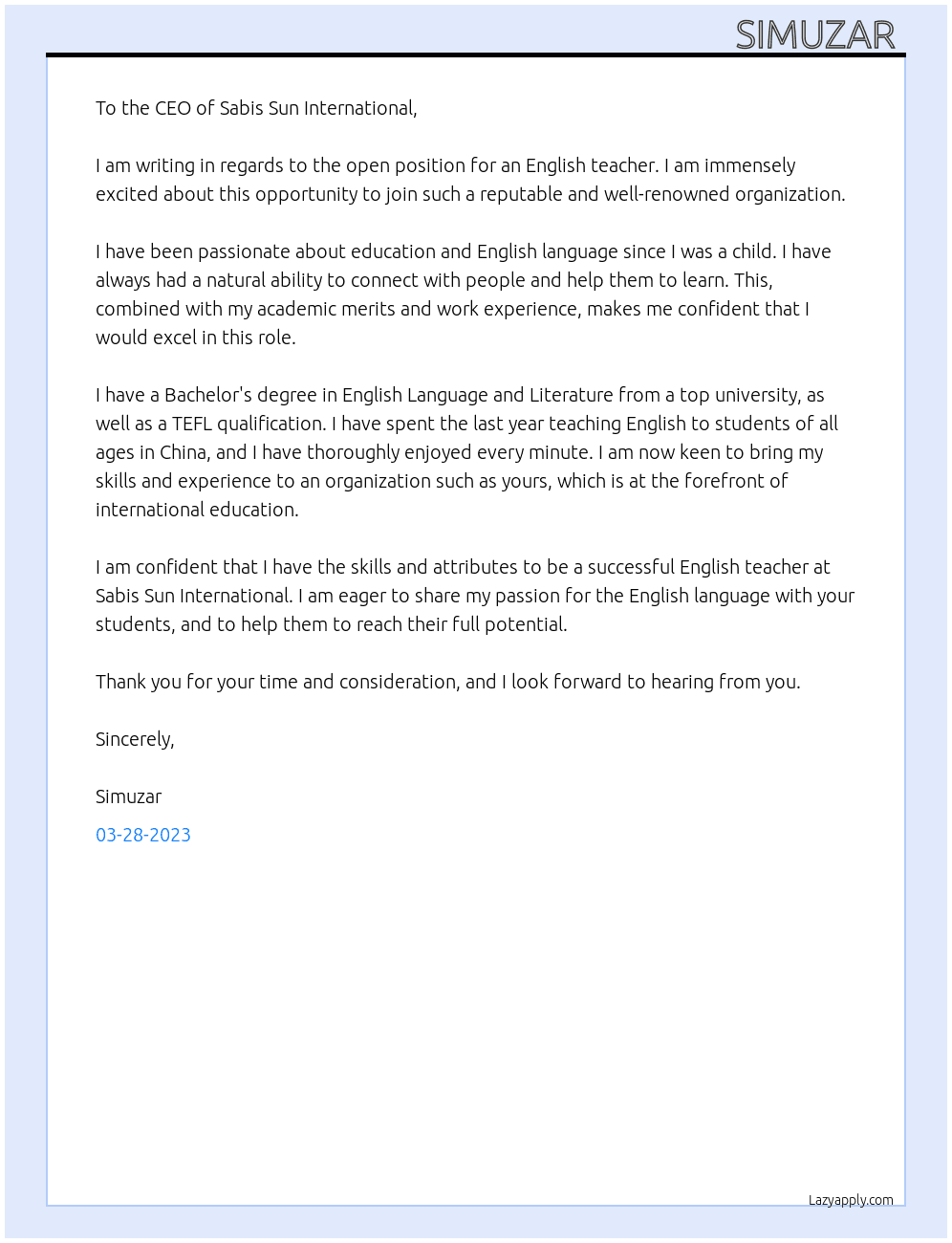 English teacher  At Sabis Sun InternationL Cover Letter