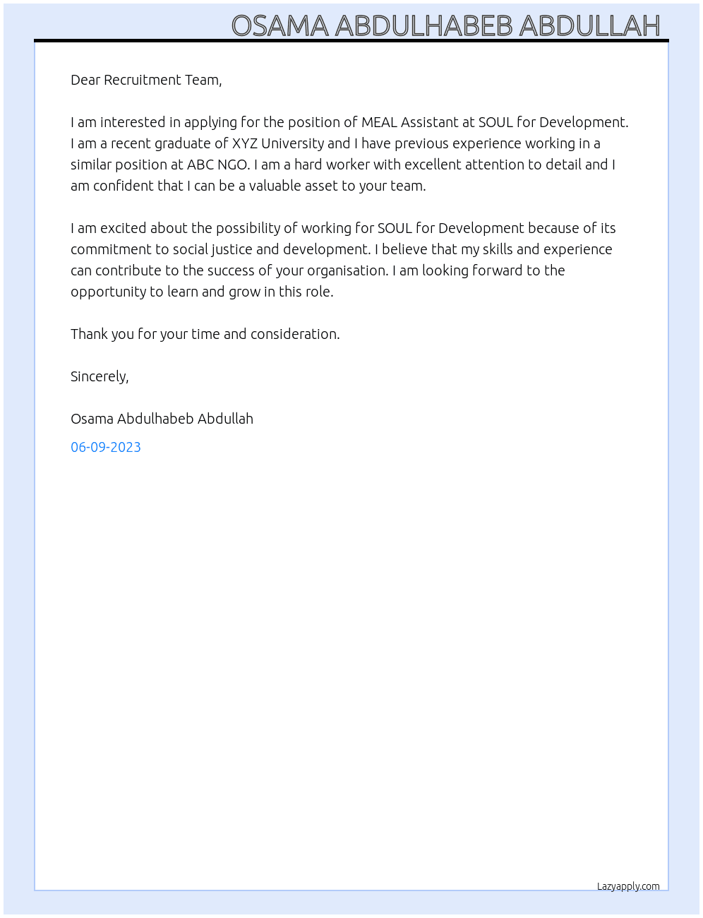 MEAL Assistant  At SOUL for Development  Cover Letter
