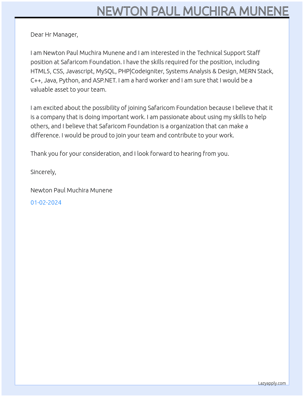 Technical Support Staff  At Safaricom Foundation Cover Letter
