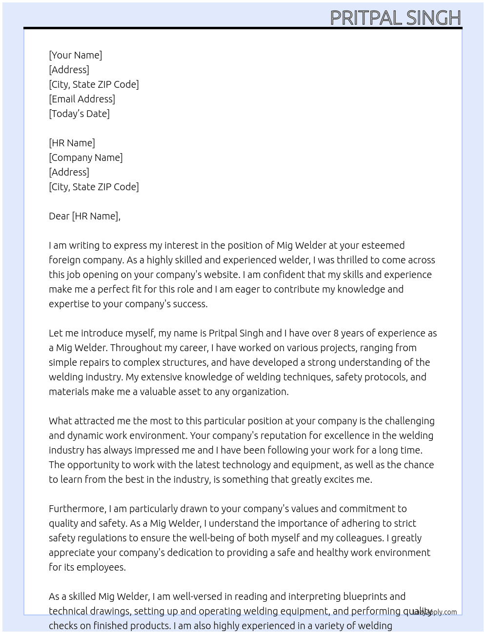 Mig welder At  Foreign company  Cover Letter