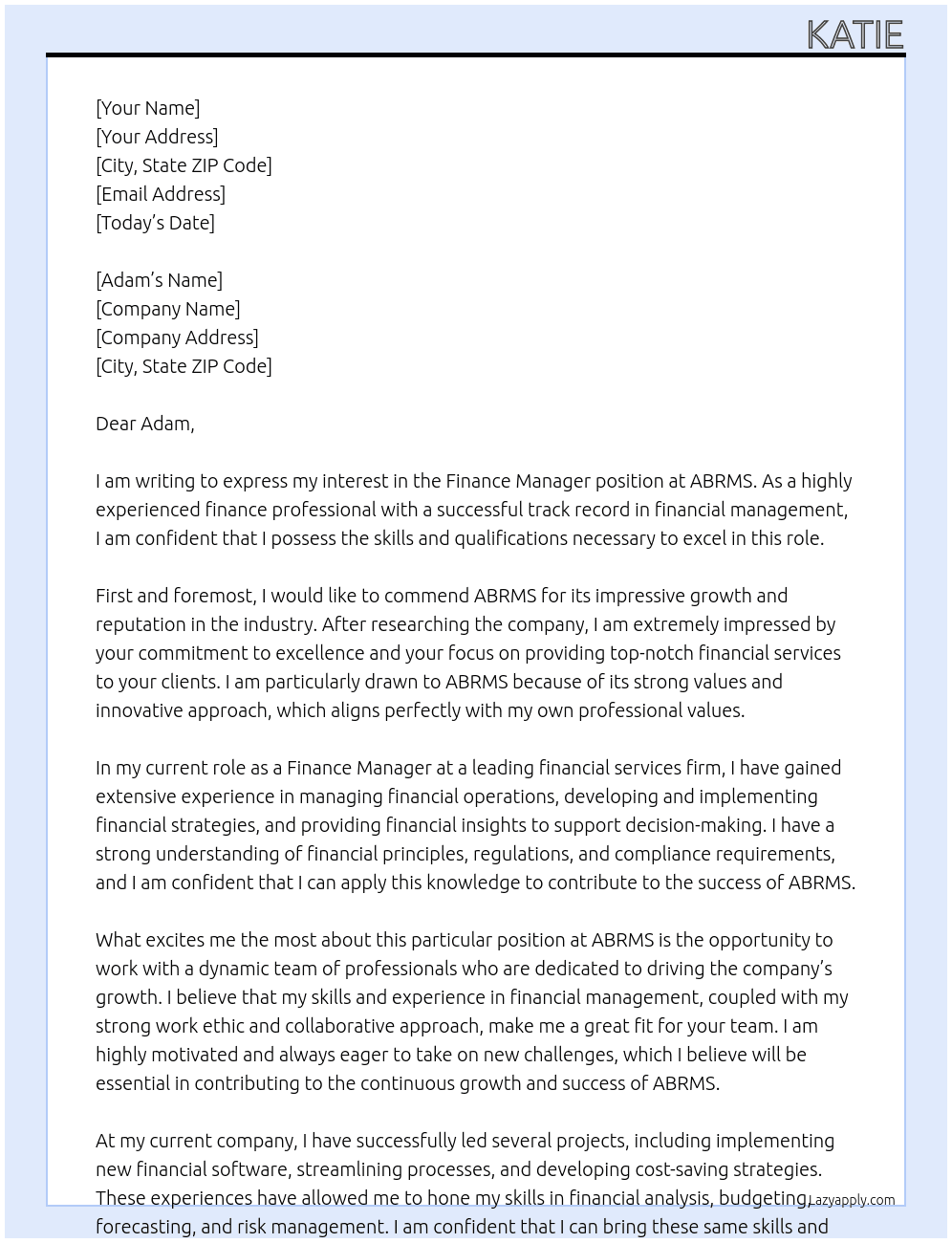 Finance Manager At ABRMS Cover Letter