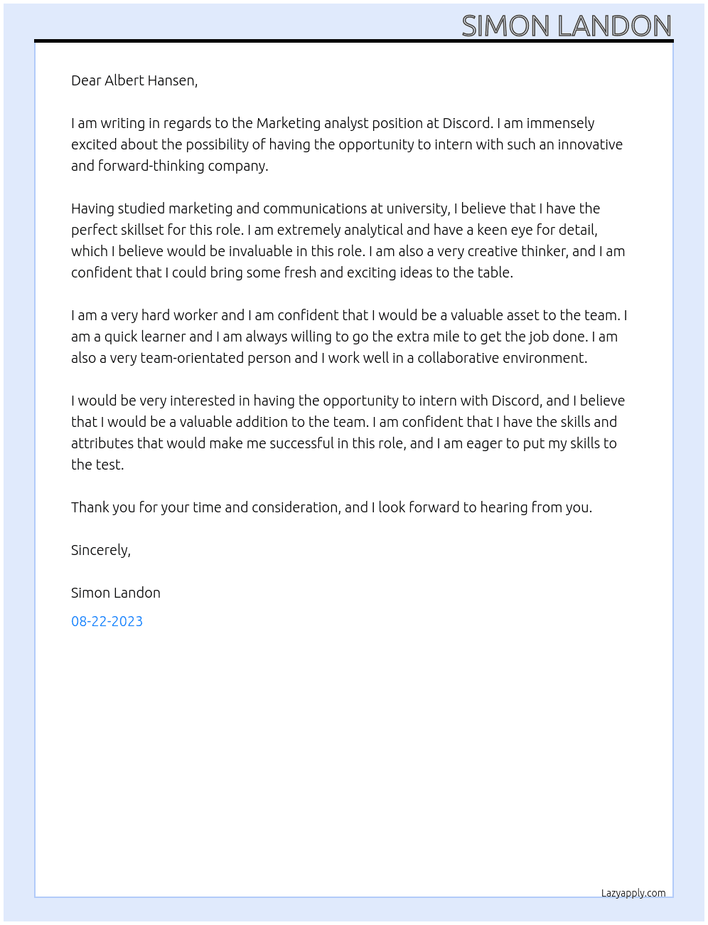 Marketing analyst At Discord Cover Letter