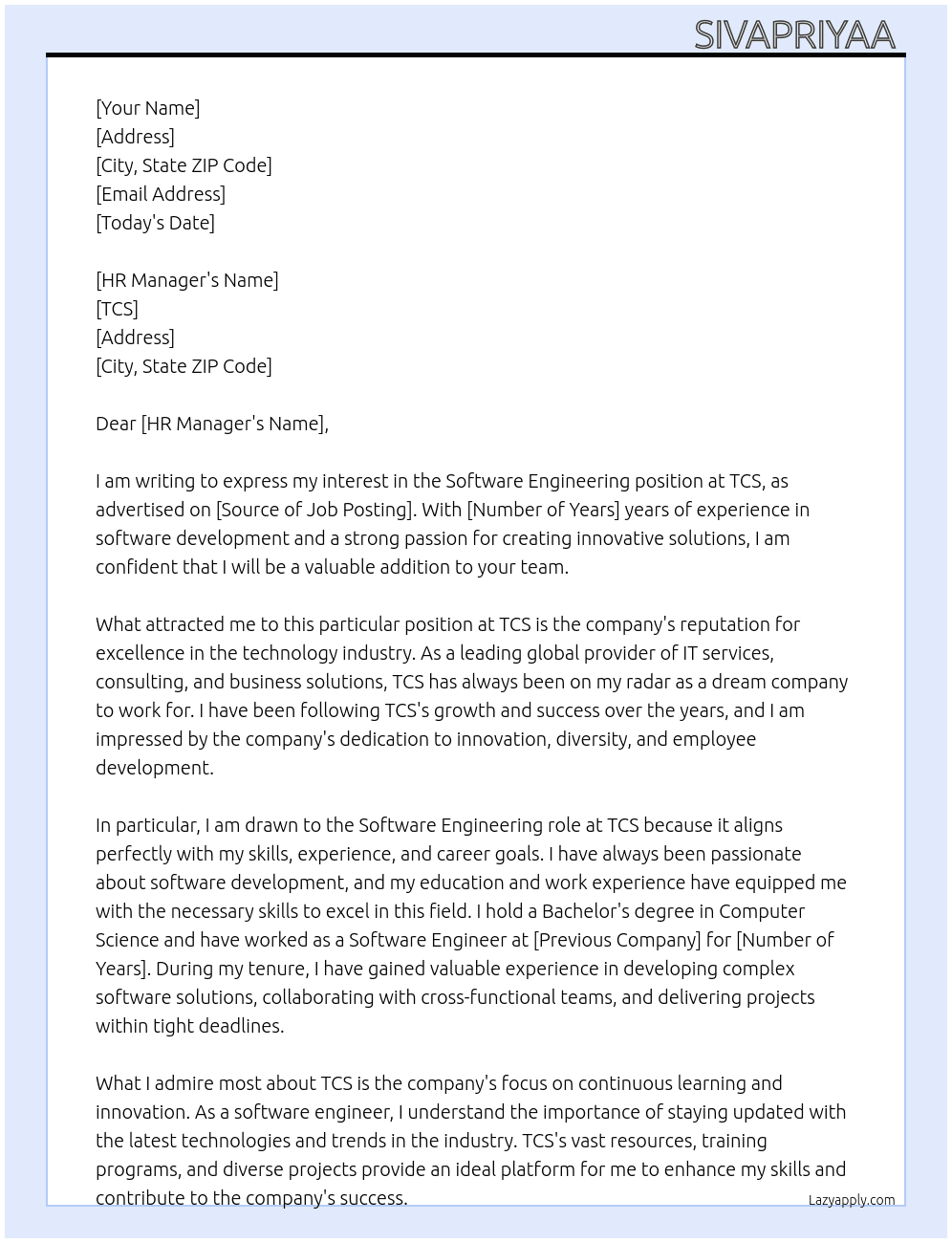Software Engineering  At TCS Cover Letter
