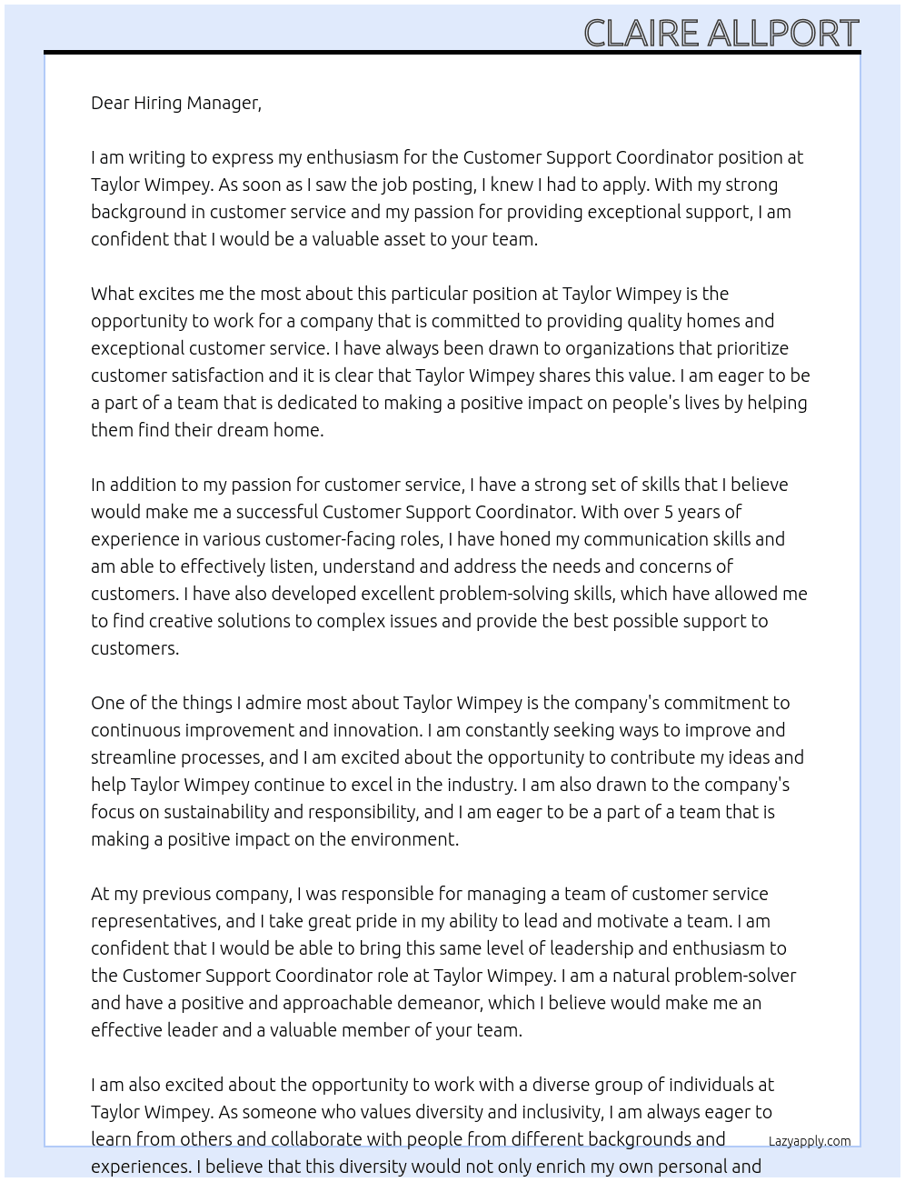 Customer Support Coordinator At Taylor Wimpey Cover Letter