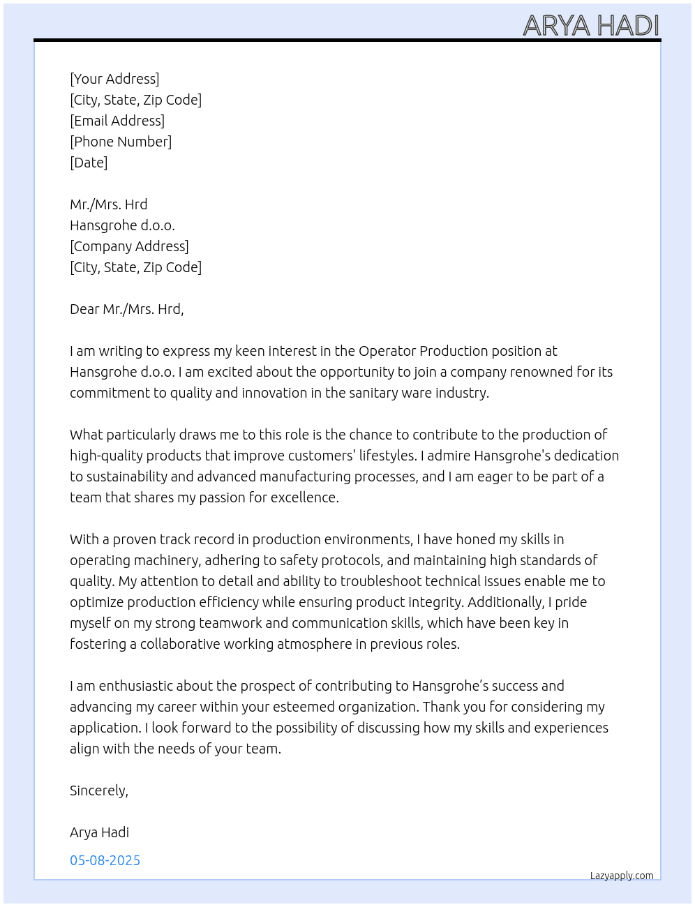 Operator production At Hansgrohe d.o.o. Cover Letter