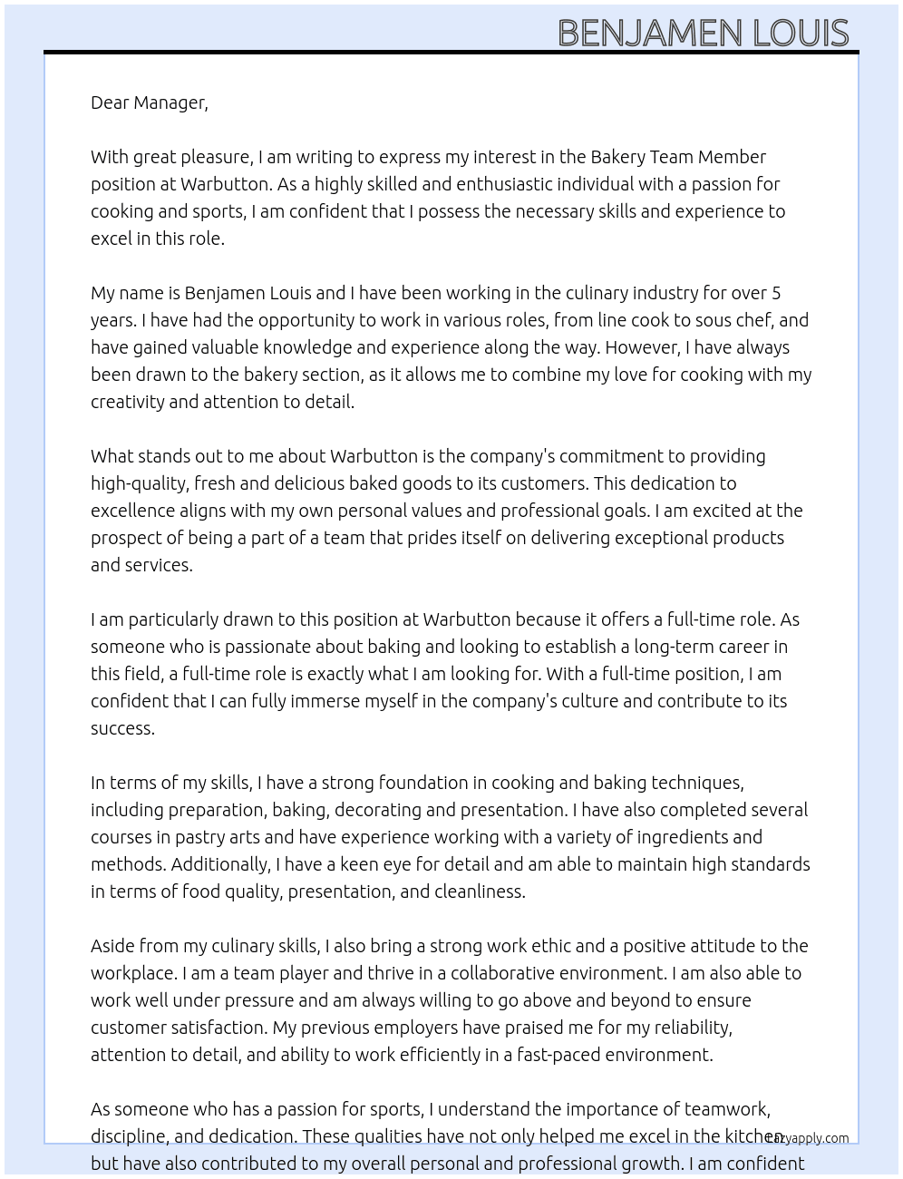 Bakery team member At Warbutton Cover Letter