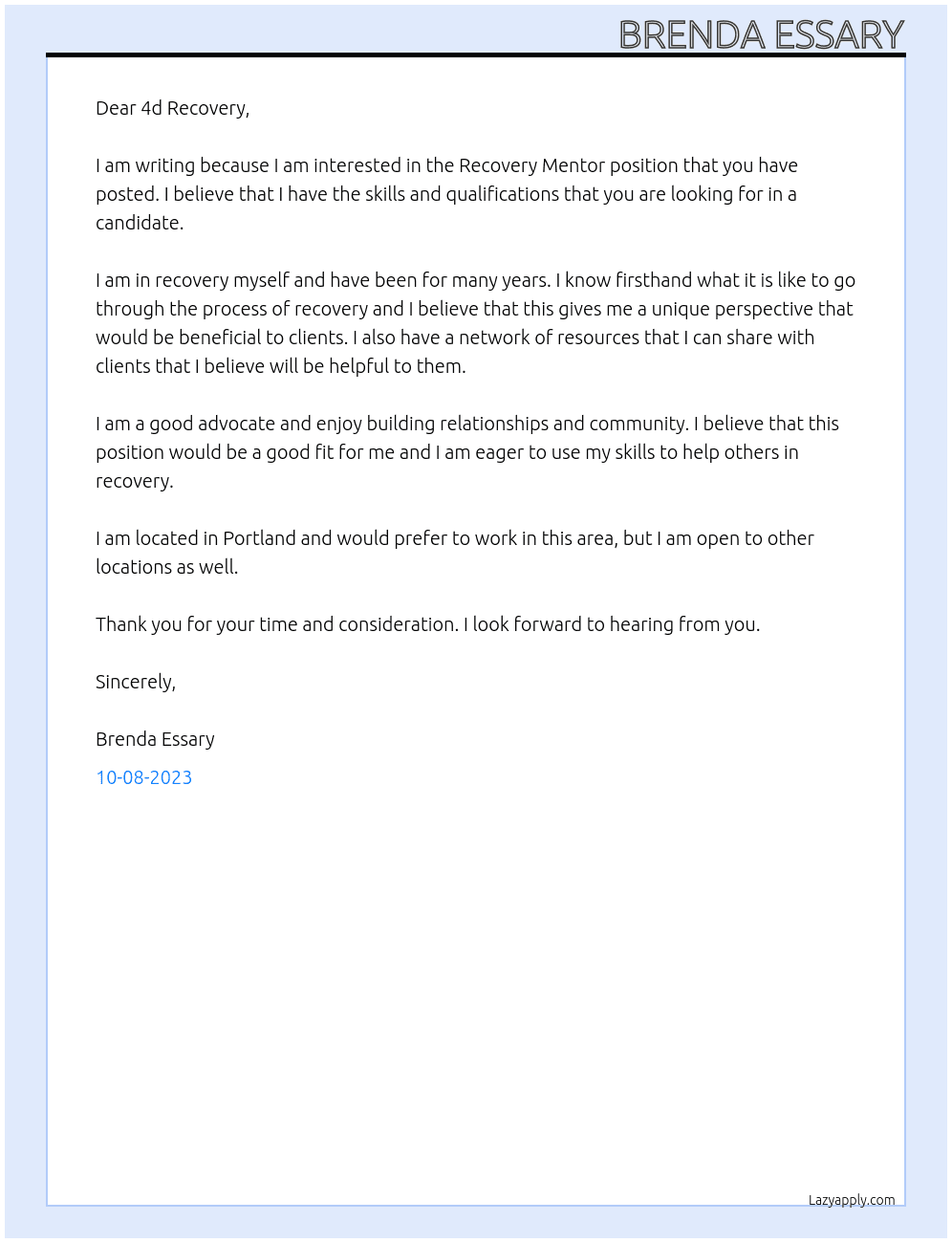 Recovery mentor At 4d Recovery  Cover Letter