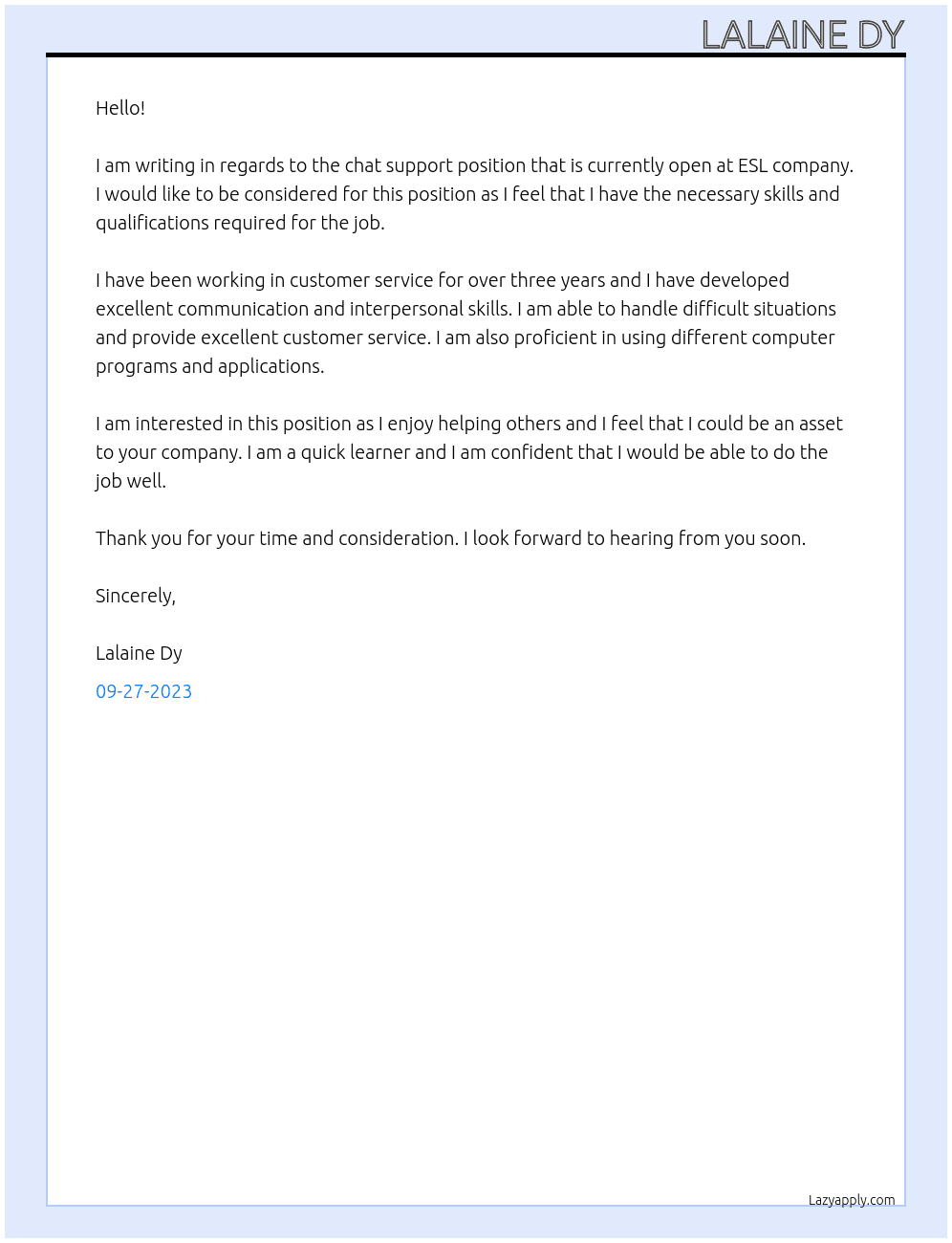 chat support At esl company Cover Letter