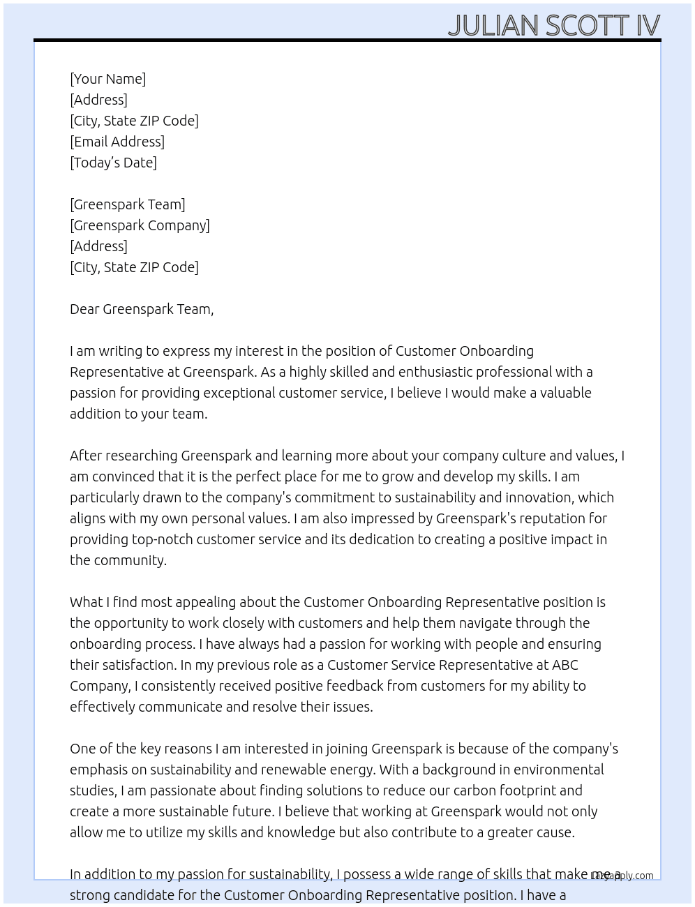 Customer Onboarding Representative At Greenspark Cover Letter