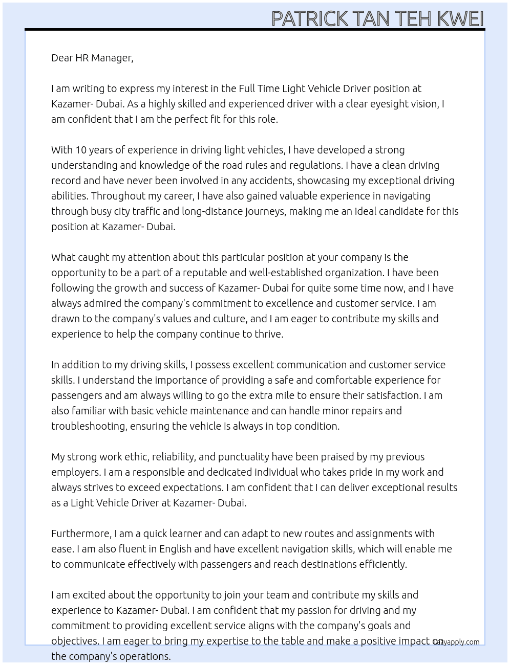 Light Vehicle Driver  At Kazamer- Dubai Cover Letter