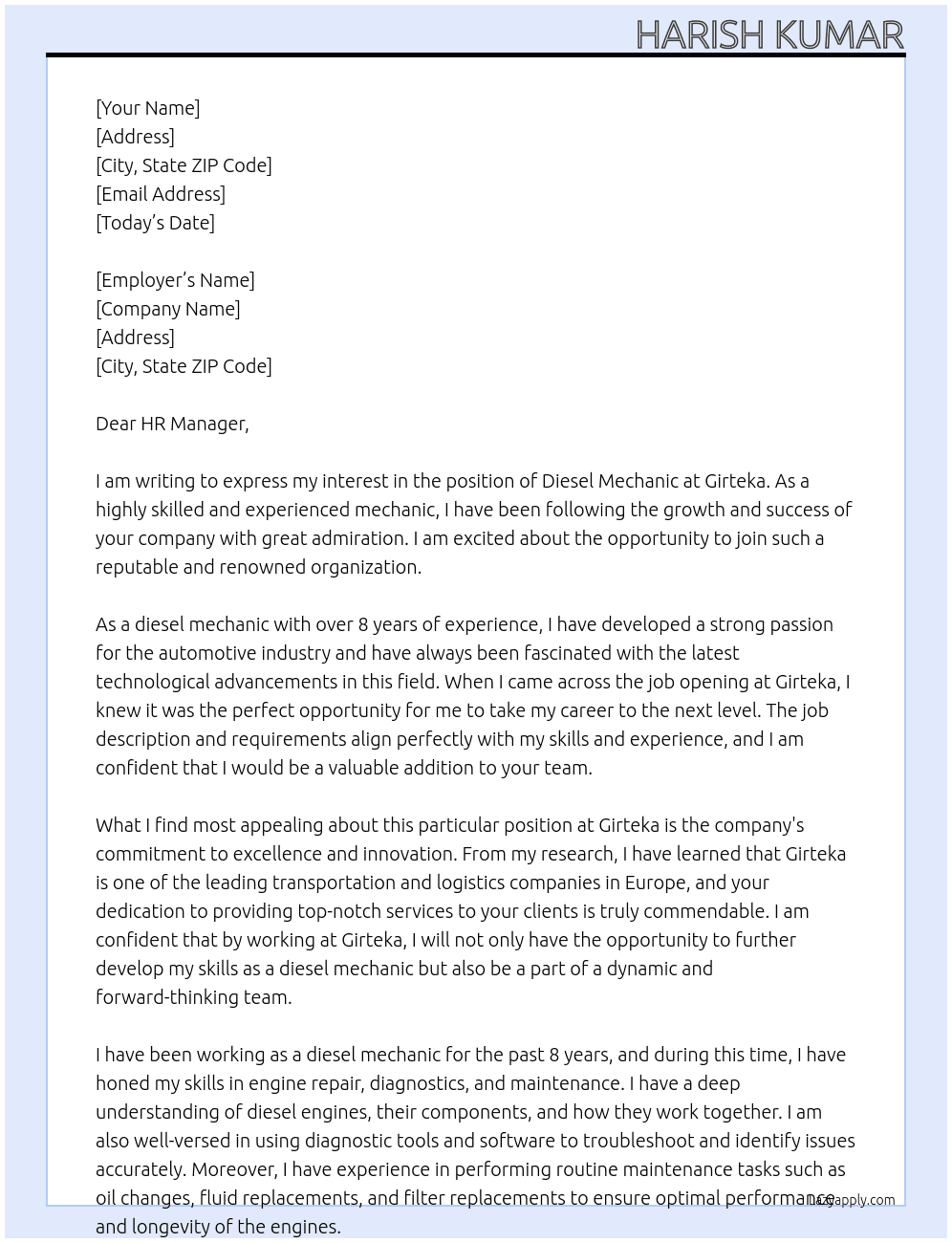 Diesel mechanic  At Girteka  Cover Letter