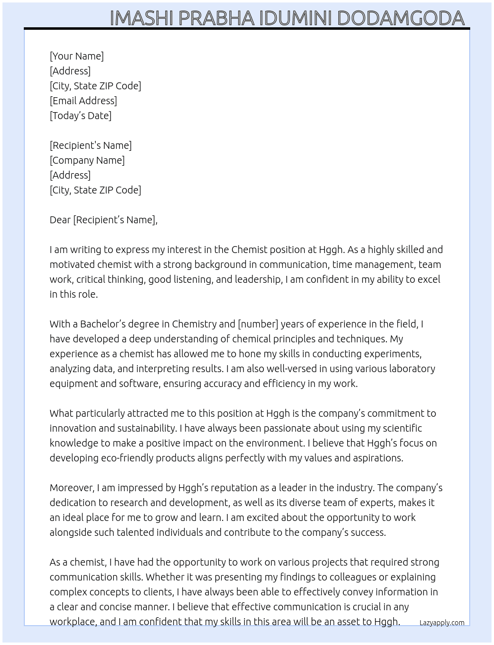 Chemist  At Hggh Cover Letter