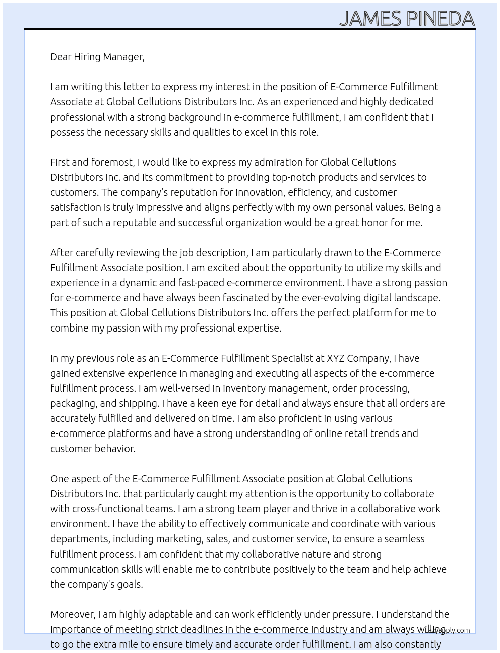 E-Commerce Fulfillment Associate At Global Cellutions Distributors Inc. Cover Letter