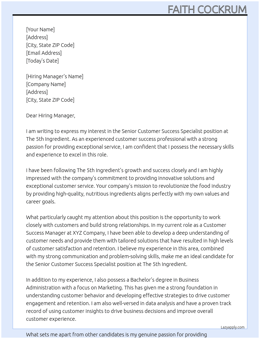 Senior customer success specialist At The 5th Ingredient Cover Letter