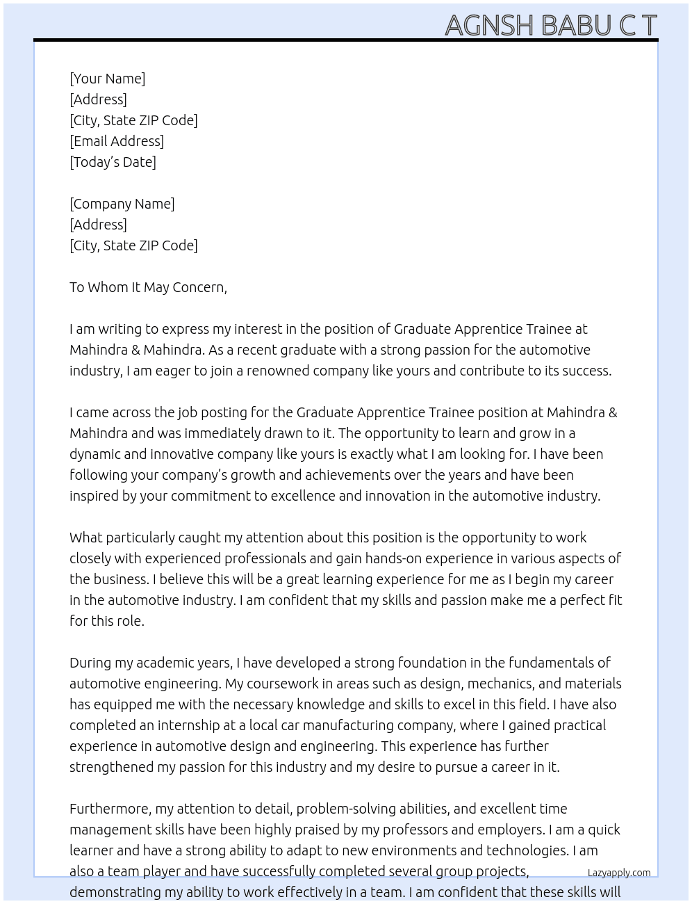 Graduate Apprentice Trainee At Mahindra & Mahindra Cover Letter