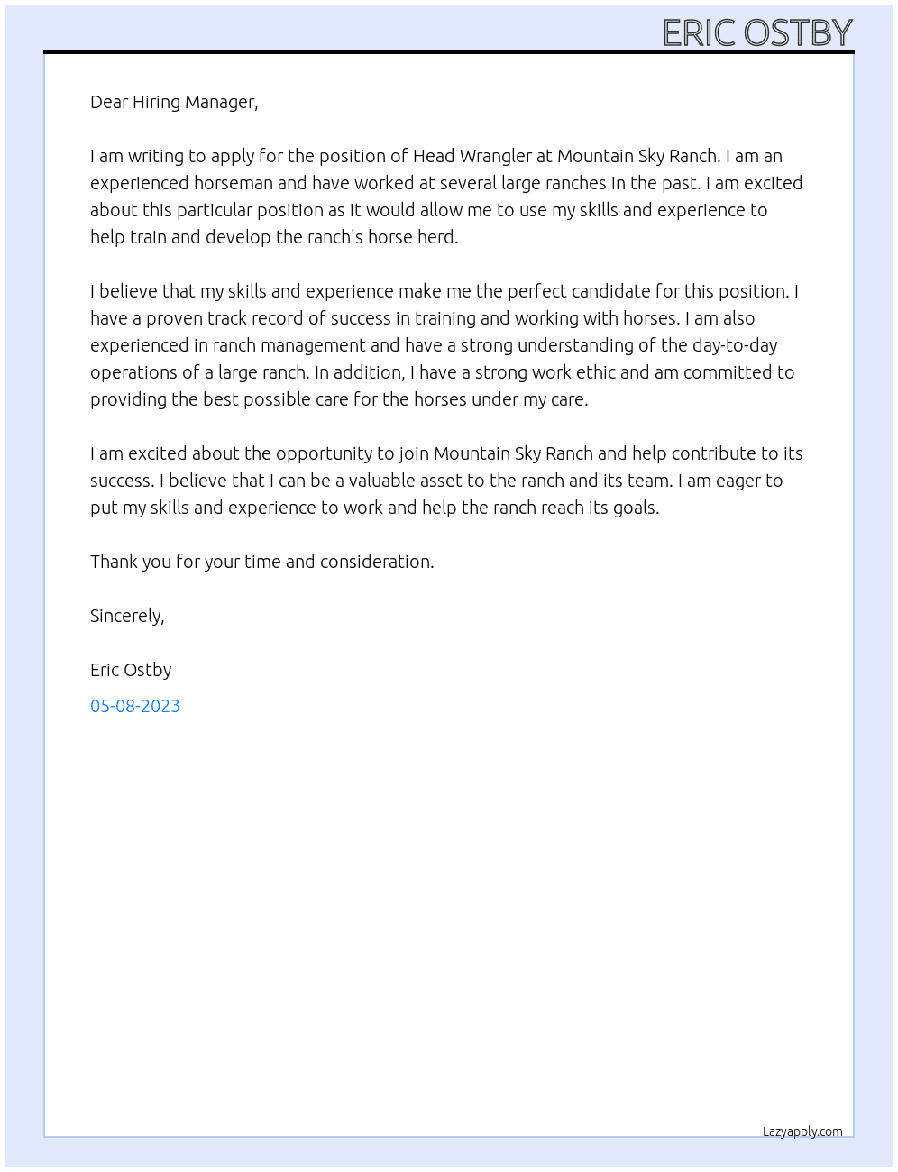 Head Wrangler At Mountain Sky Ranch Cover Letter