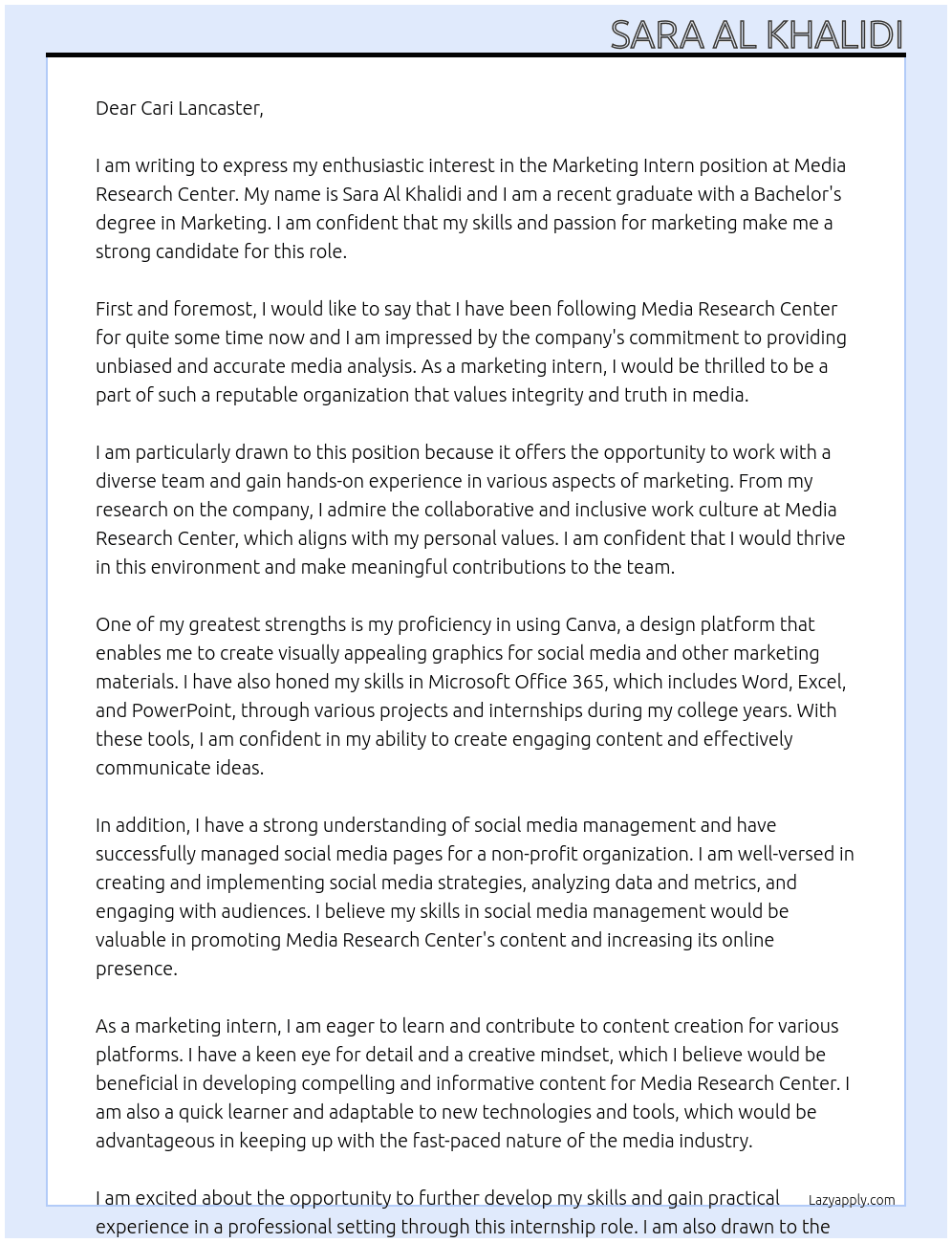 Marketing intern At Media Research Center  Cover Letter
