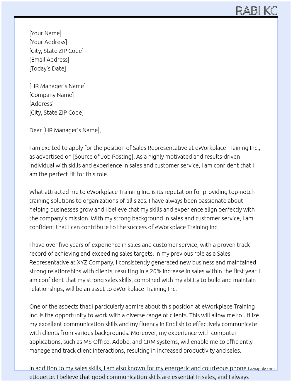 Sale Representative At eWorkplace Training Inc. Cover Letter