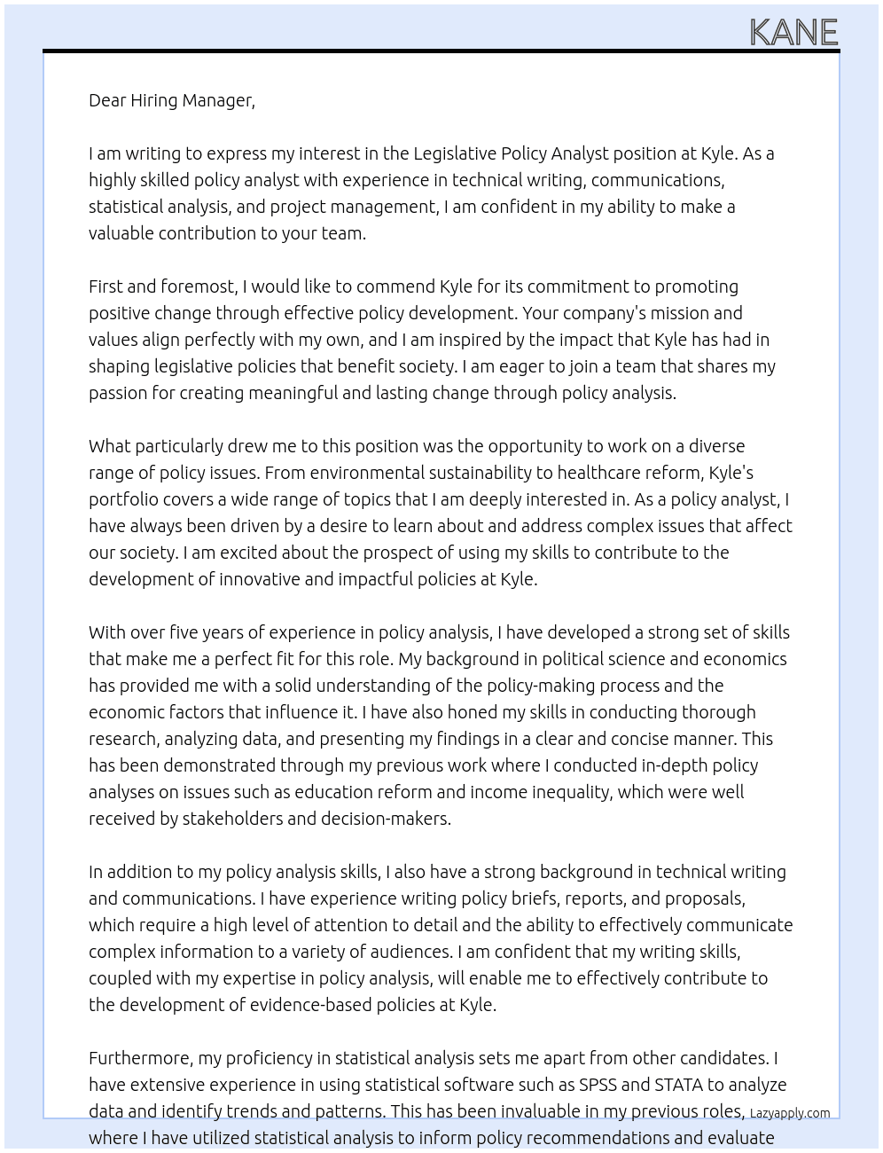 Legislative Policy Analyst At Kyle Cover Letter