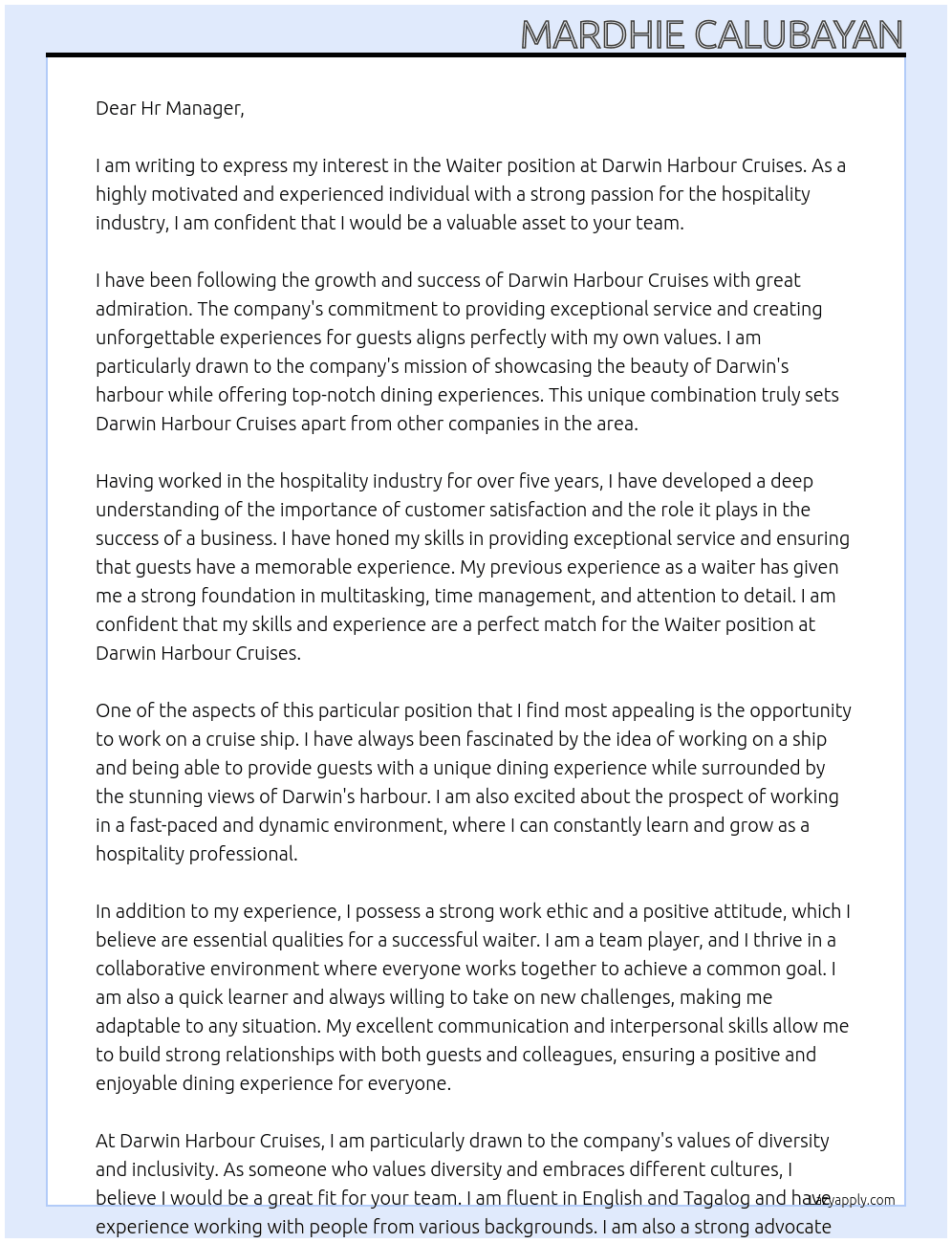 Waiter At Darwin Harbour Cruises Cover Letter