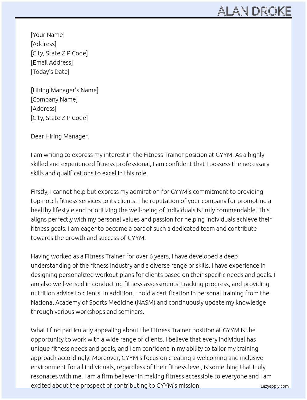Fitness Trainer At GYYM  Cover Letter