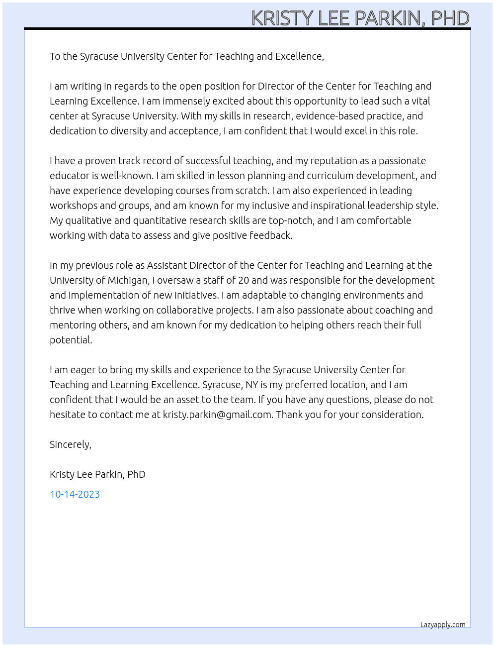 Director of the Center for Teaching and Learning Excellence At Syracuse University Cover Letter