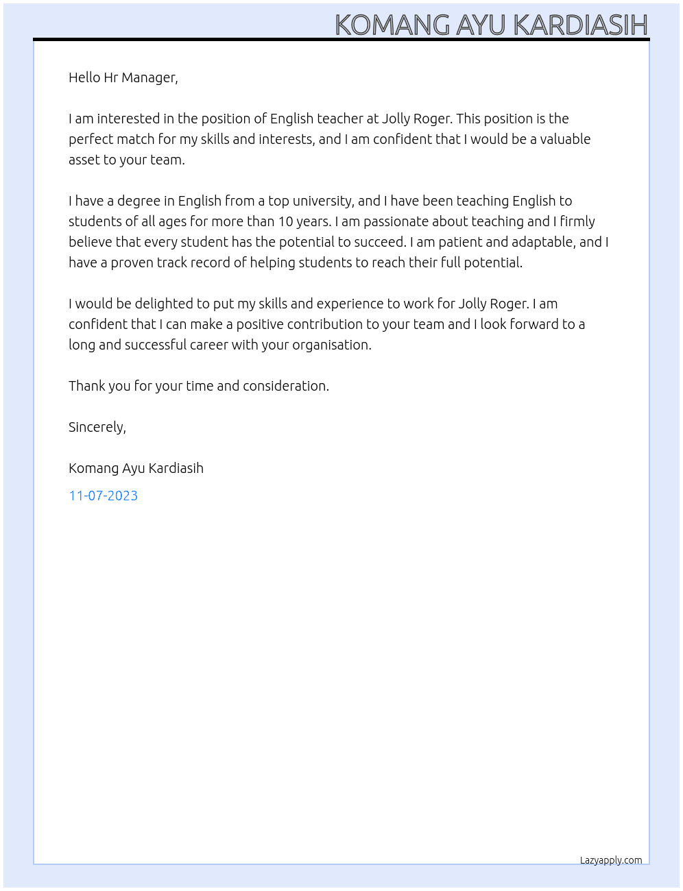 English teacher At Jolly Roger Cover Letter
