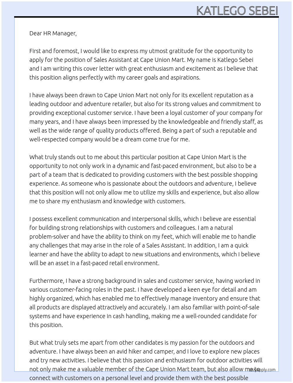 Sales assistant At Cape union Mart  Cover Letter