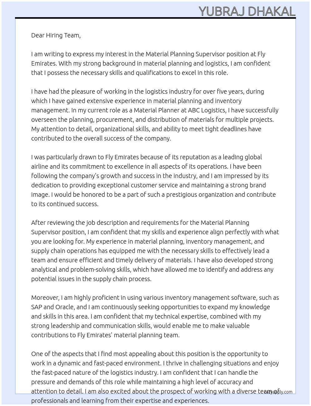 Material planning supervisor  At Fly emirates  Cover Letter