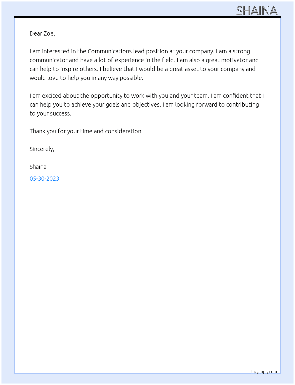 Communications lead At Zoe Cover Letter