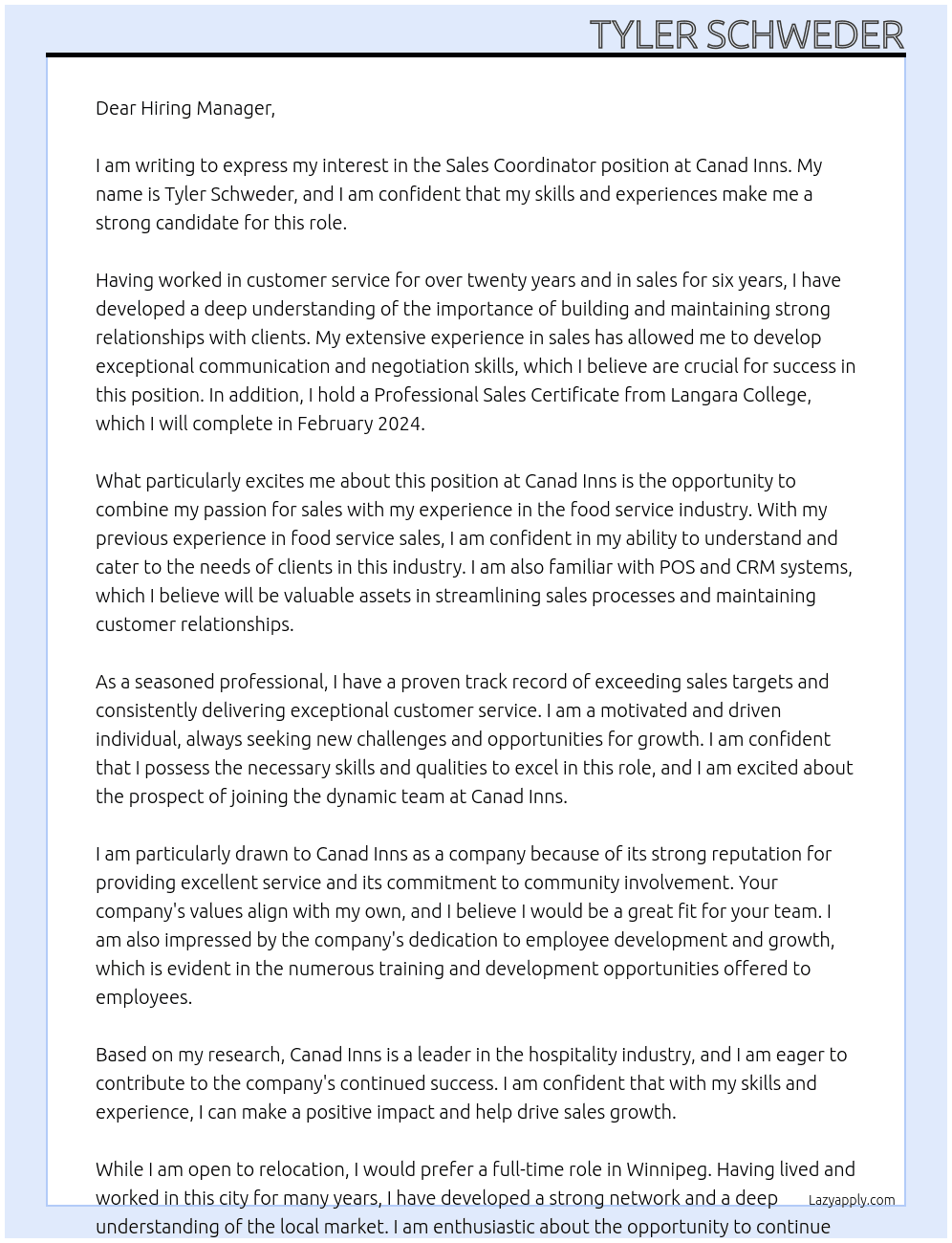 Sales Cordinator At Canad Inns Cover Letter