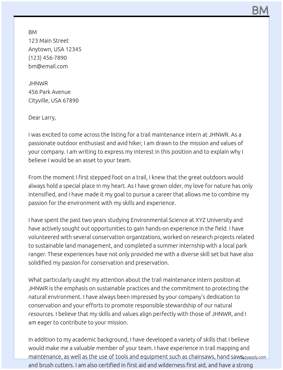 trail maintenance intern At JHNWR Cover Letter