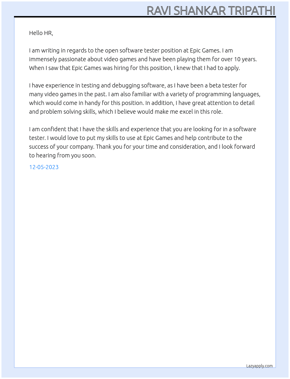 software tester At Epic Games Cover Letter