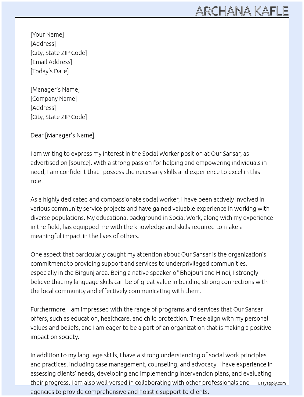 Social worker At Our sansar Cover Letter