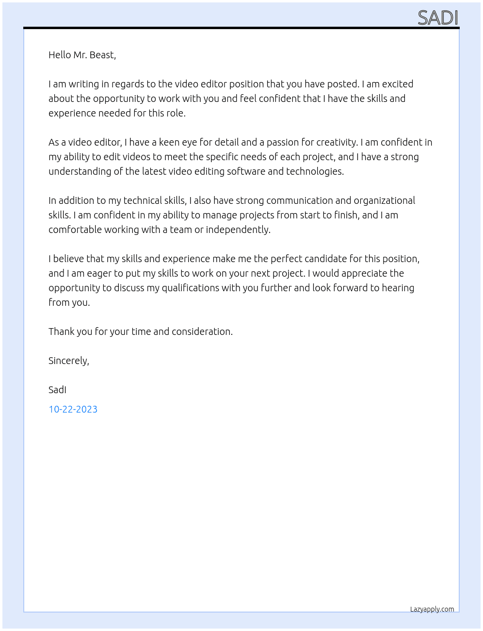 video editor At mr beast Cover Letter