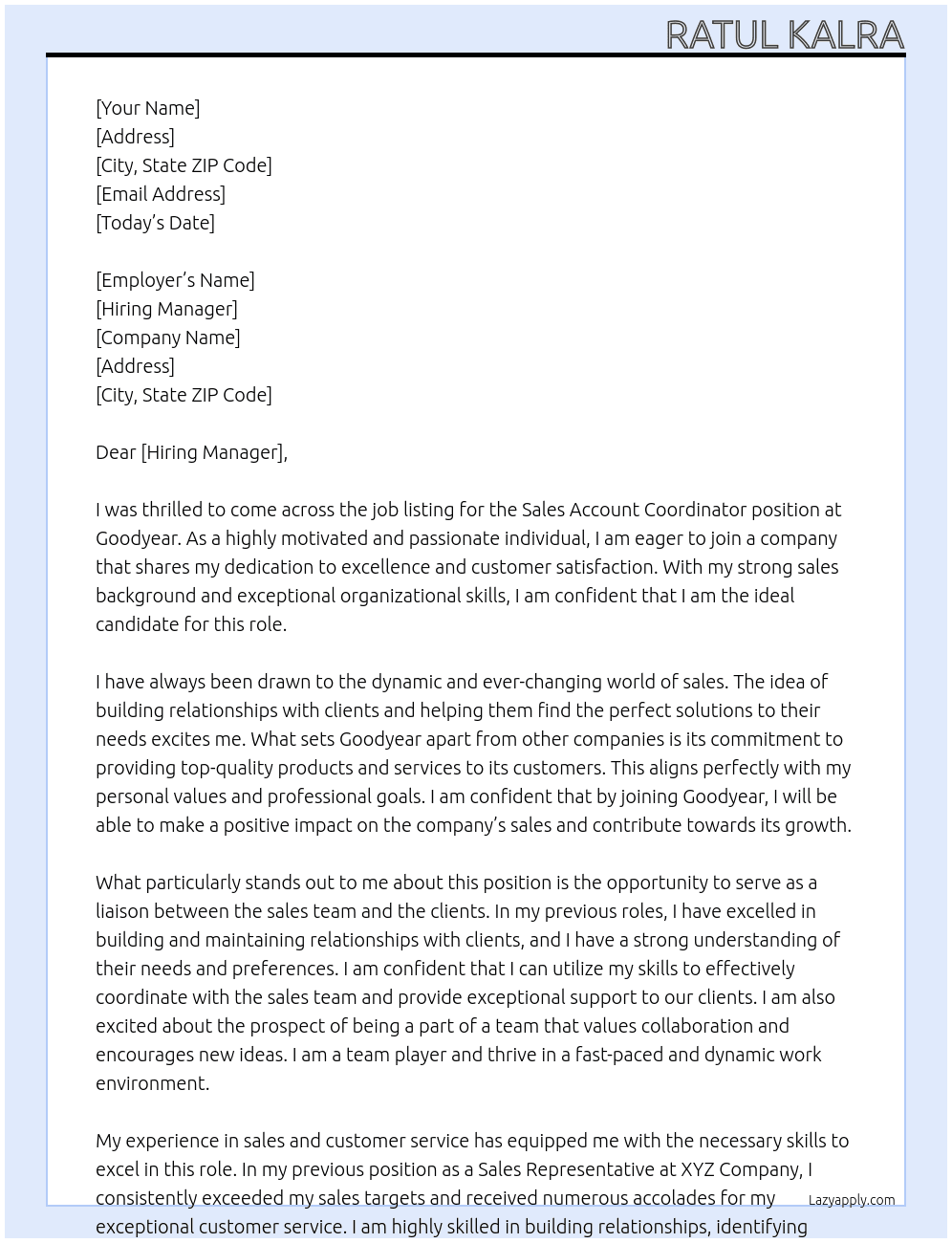 Sales Account Coordinator At Goodyear Cover Letter