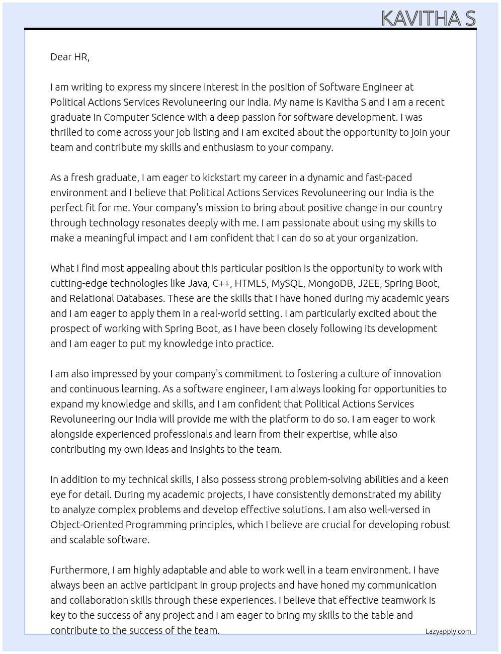 Software Engineer  At Political Actions Services Revoluneering our India Cover Letter