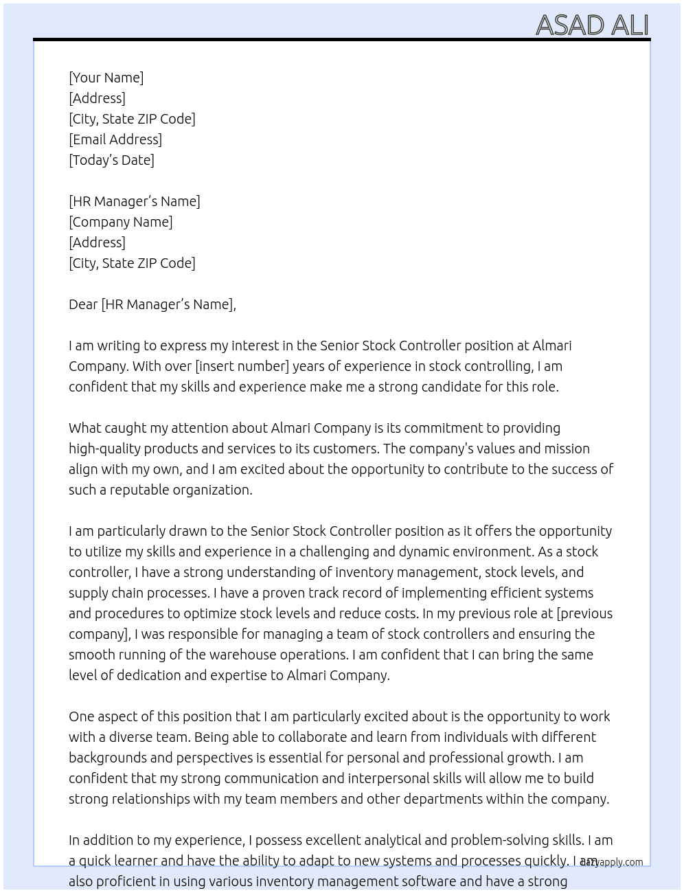 Senior Stock Controller At Almari Company Cover Letter