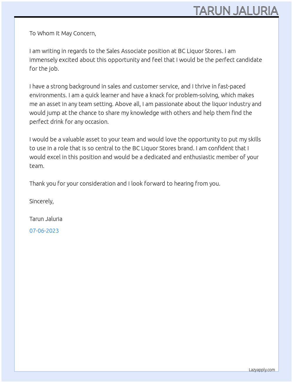 sales associate At BC Liquor stores Cover Letter