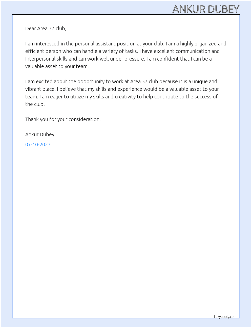 Personal assistance  At Area 37 club Cover Letter