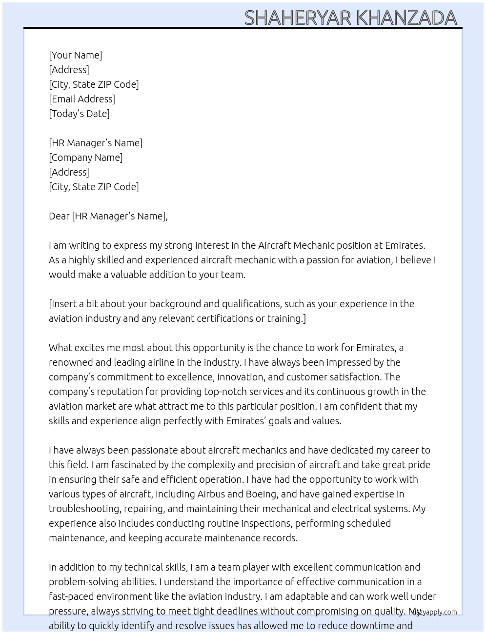 Aircraft mechanic  At Emirates  Cover Letter