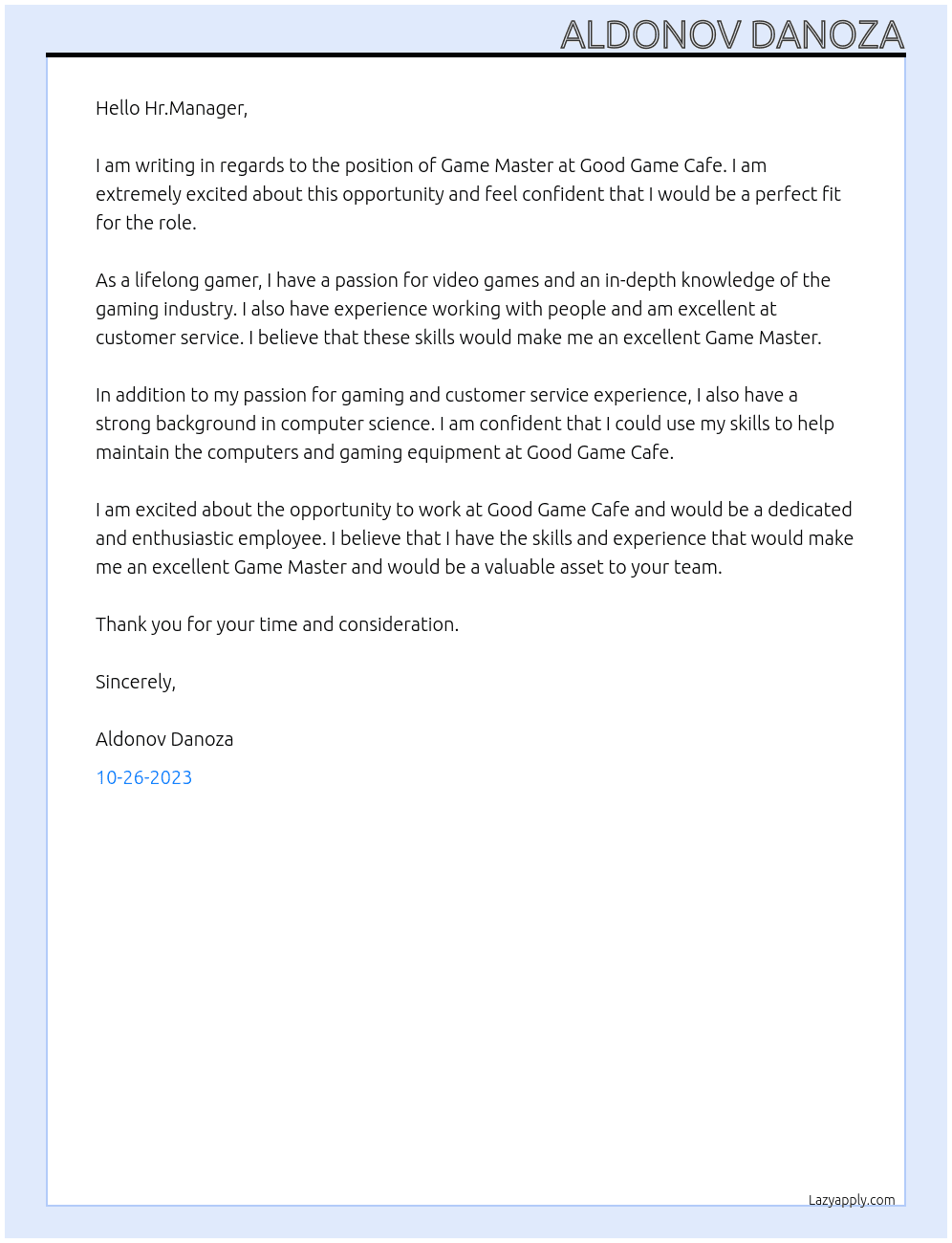 Game Master At Good Game Cafe Cover Letter