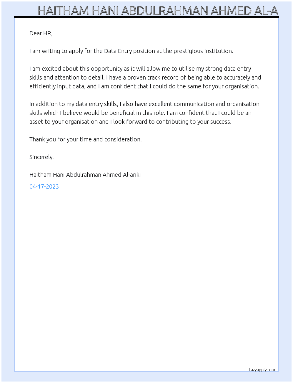 Data Entry  At prestigious institution Cover Letter
