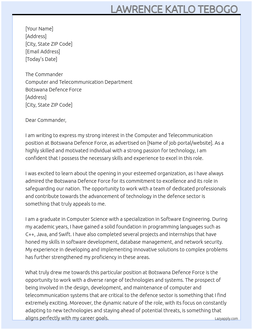 Computer and telecommunication  At Botswana defence force  Cover Letter